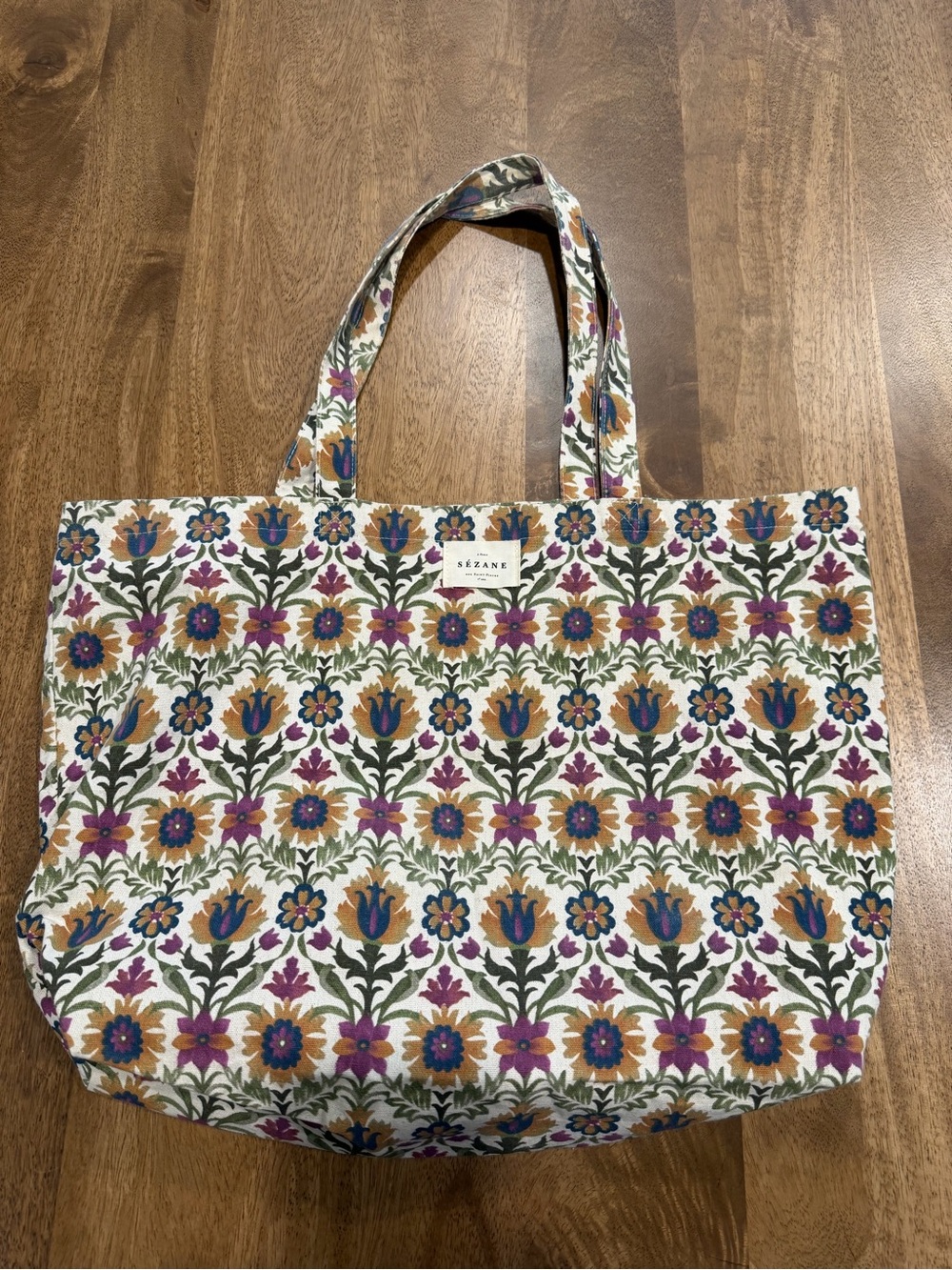 Sezane Floral Canvas Tote Bag in Cream with Multicolor Print